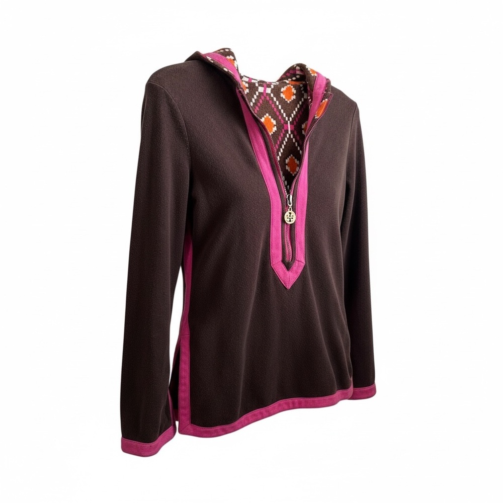 Tory Burch Cotton Terry Reversible Geometric Pattern Hoodie Small Brown Pink